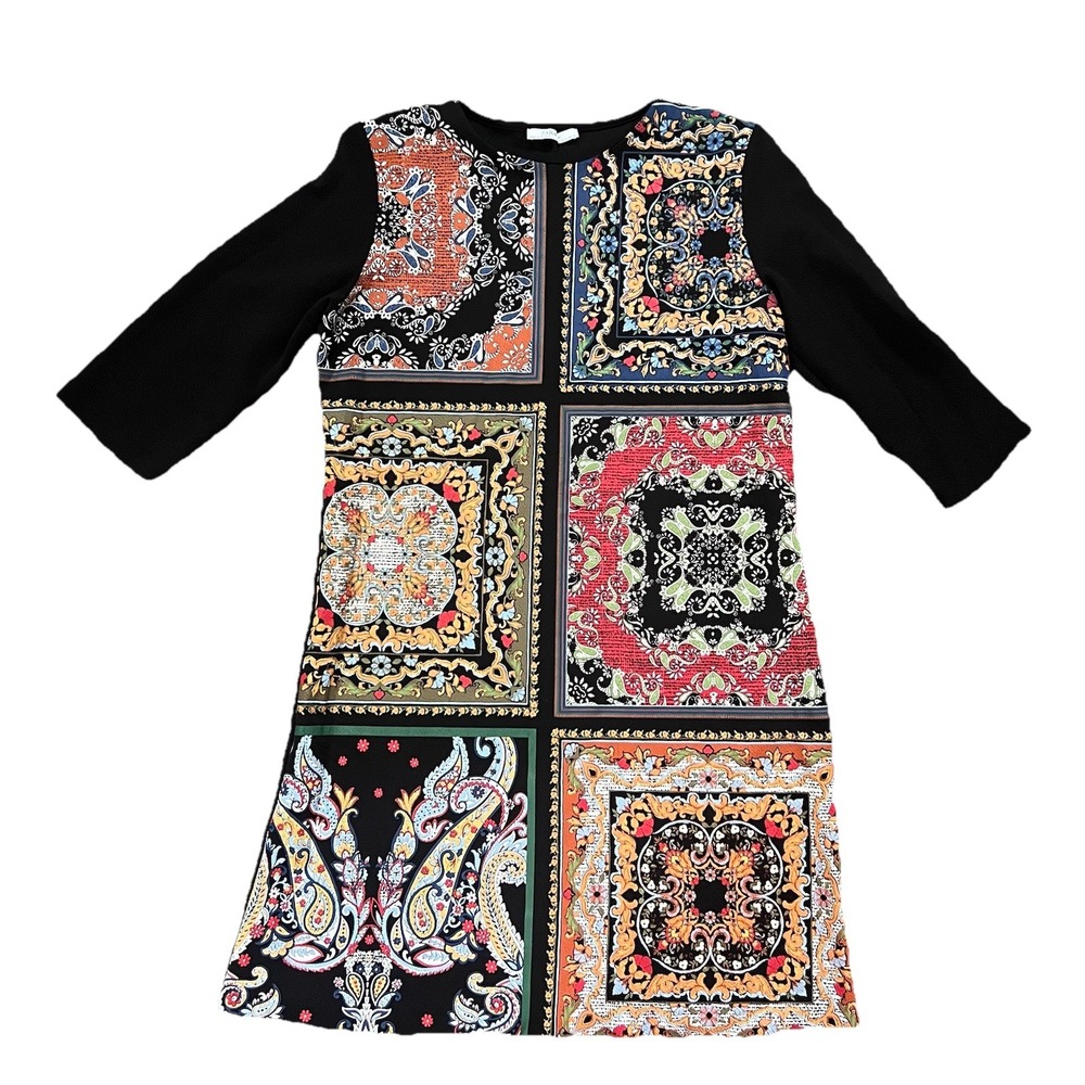 Zara‎ Basic Patchwork Printed Black Midi Dress 3/4 Sleeves Mosaic Floral Boho M